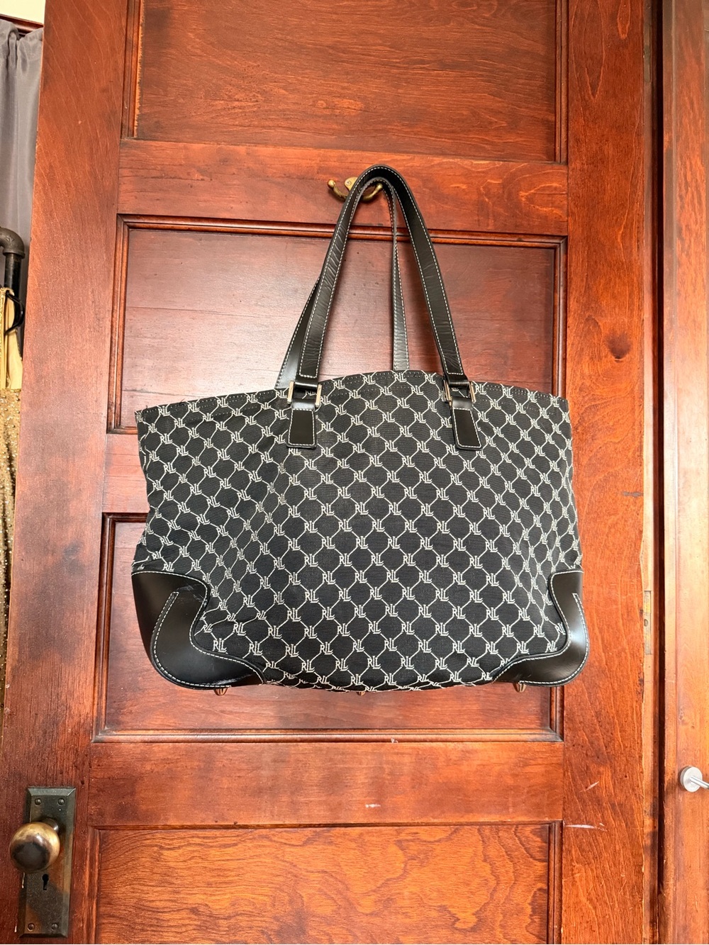 Ralph Lauren Black Monogram Jacquard Tote with Leather Trim